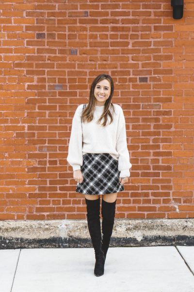plaid wool skirt with over the knee boots