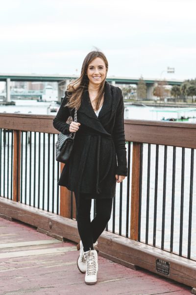 black cardigan with hiker boots