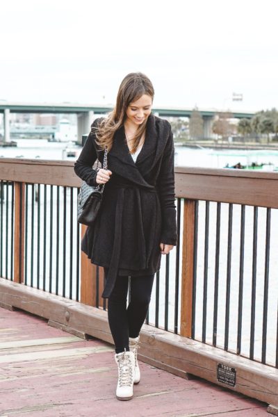 black cardigan with frye hiker boots
