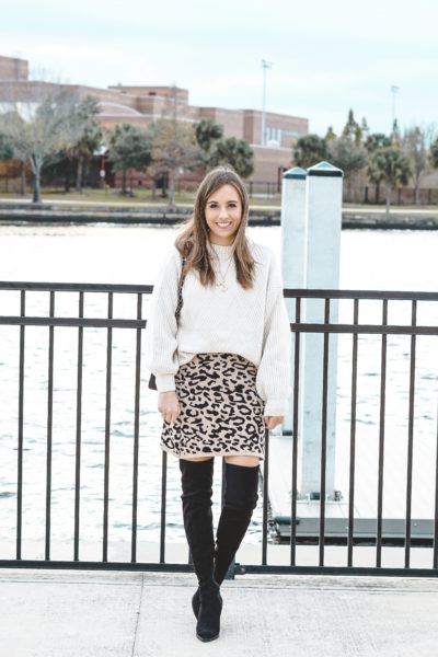 chicwish leopard knit skirt with over the knee boots