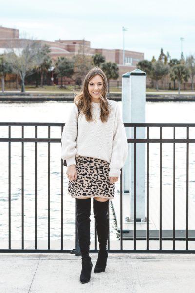 leopard knit skirt with over the knee boots