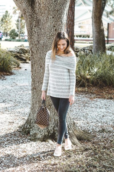 stripe off the shoulder sweater with gray denim