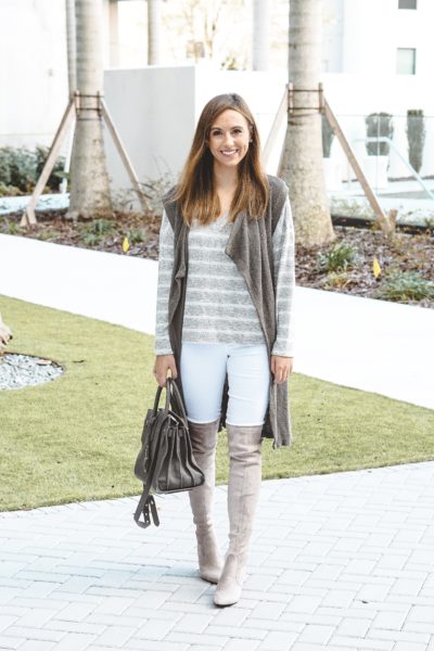 stripe sweater with vest and white denim
