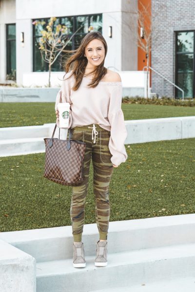 alternative apparel camo joggers with wedge sneakers