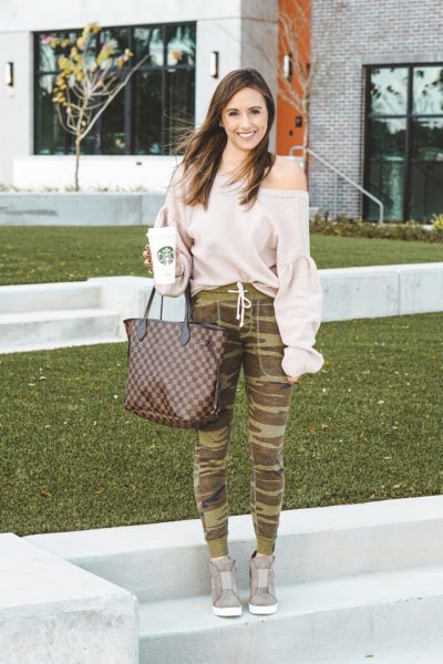 camo joggers with grey wedge sneakers