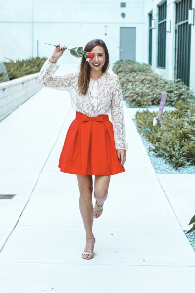 Chicwish red skirt with white lace top