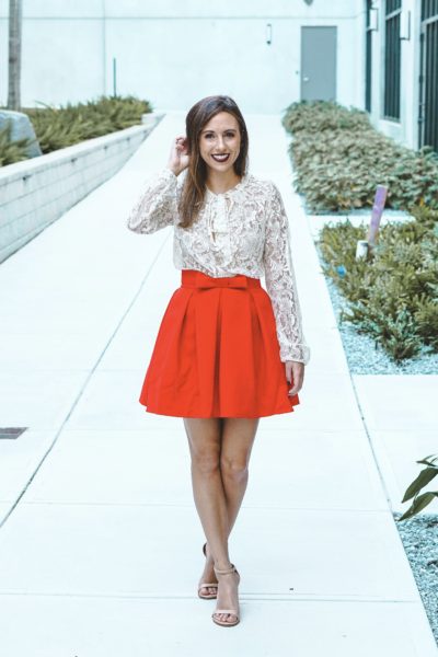 Red bow skirt with white lace top