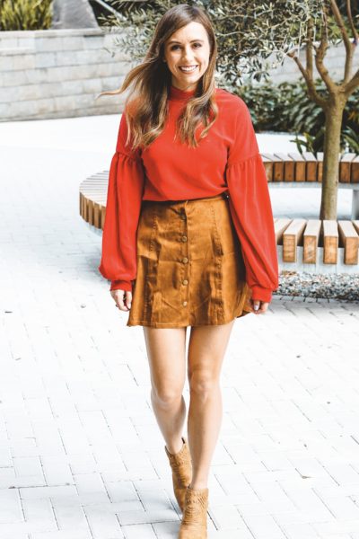 shein red top with brown skirt