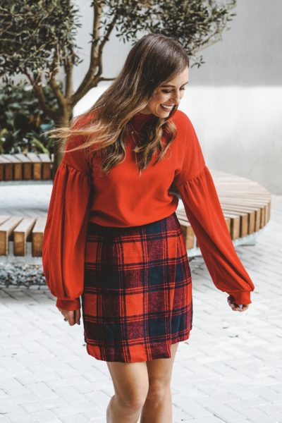 shein red top with plaid skirt