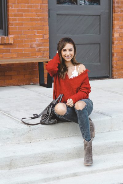 red destroyed sweater with marc fisher boots