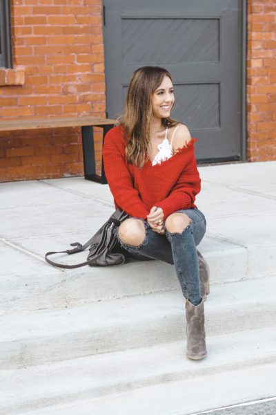 red sweater with marc fisher daire booties