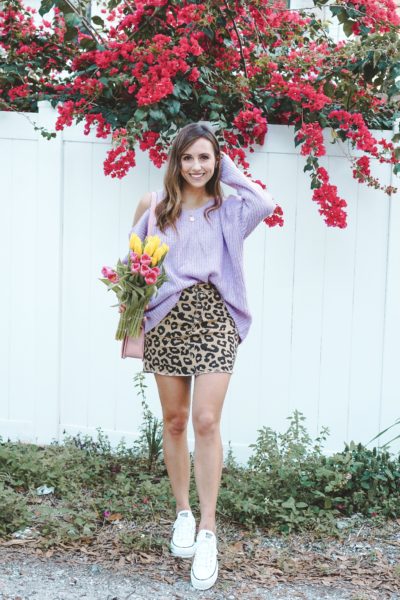 fab finds leopard skirt with lavender sweater