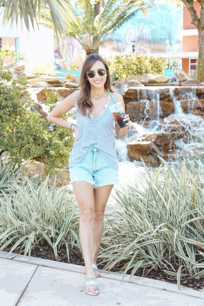 lulus adrift navy and white stripe tank with agolde parker shorts
