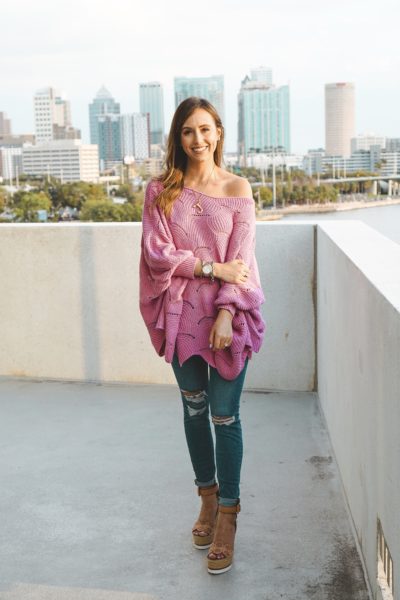 downtown diva lavender sweater with chloe wedges