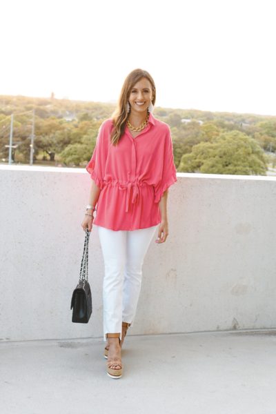 downtown diva pink blouse with white denim and see by chloe espadrilles