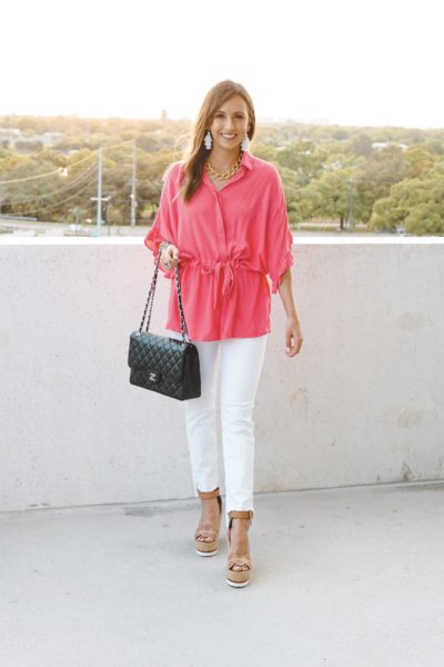 downtown diva pink blouse with white denim