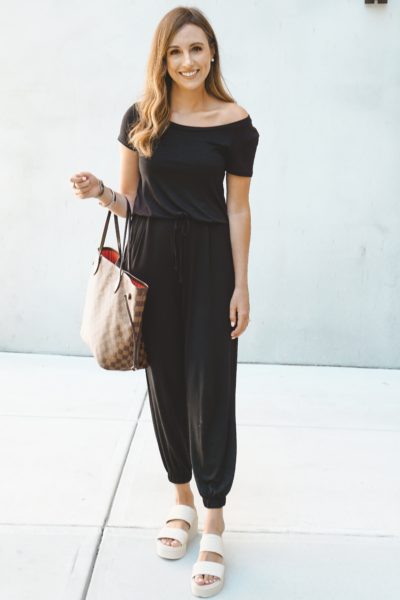 sexy modest boutique black jumpsuit with j slides