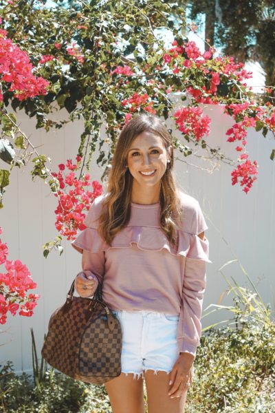 sexy modest boutique pink ruffle sweatshirt with louis vuitton speedy