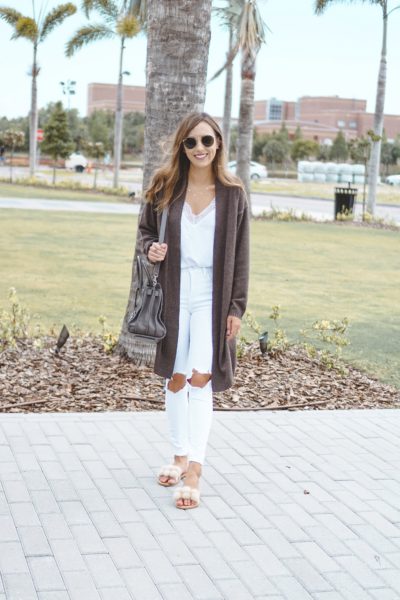 state cashmere brown cardigan with white denim