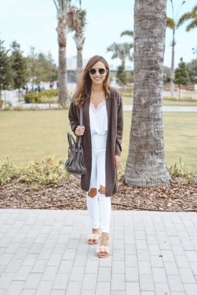state cashmere brown cardigan with white cami