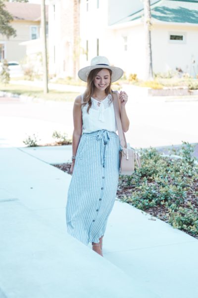 gilli button up skirt with skies are blue tank and brixton hat