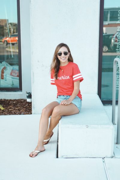 pink lily red america script tee