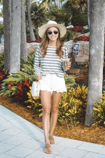 lamade blair stripe pullover with white shorts