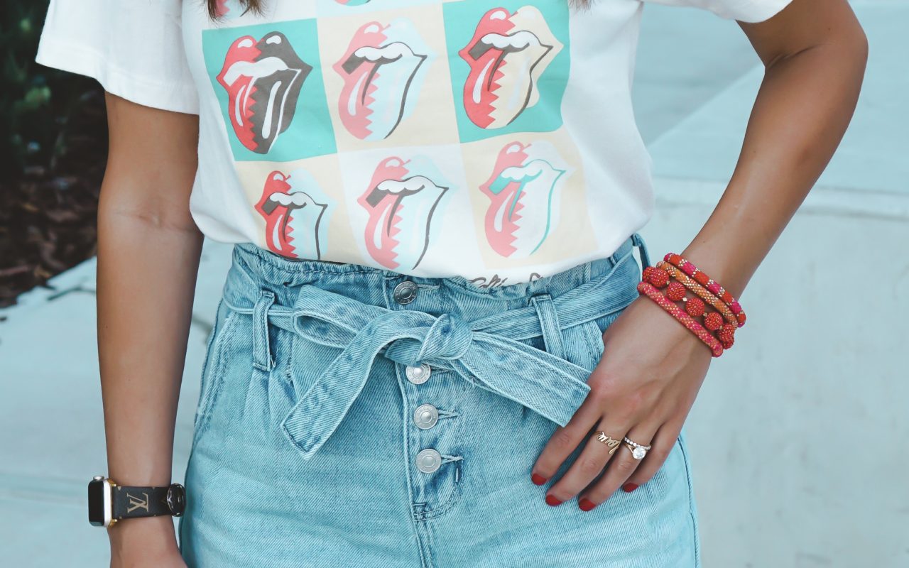 american eagle rolling stones tee with aid through trade bracelets