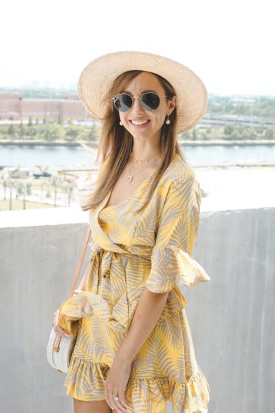 chicwish yellow palm print dress with brixton hat