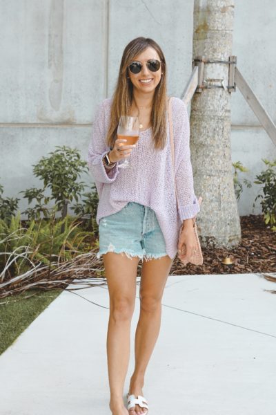 pink lily lavender sweater with agolde shorts
