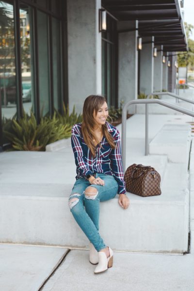 rails plaid top with charles david tan ankle booties