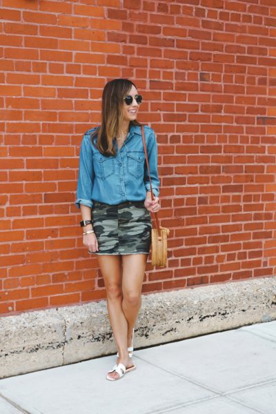 express camo skirt with chambray top