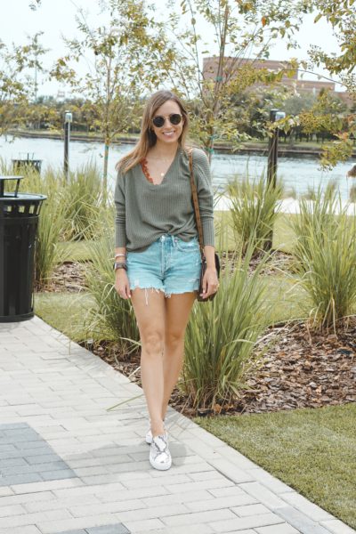lulus green waffle knit top with agolde parker shorts