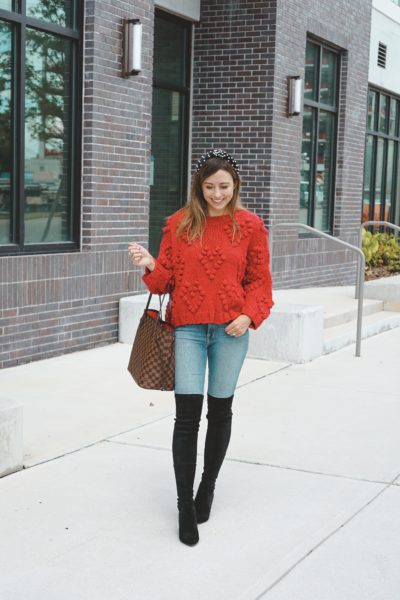 goodnight macaroon red heart sweater with goodnight macaroon over the knee boots
