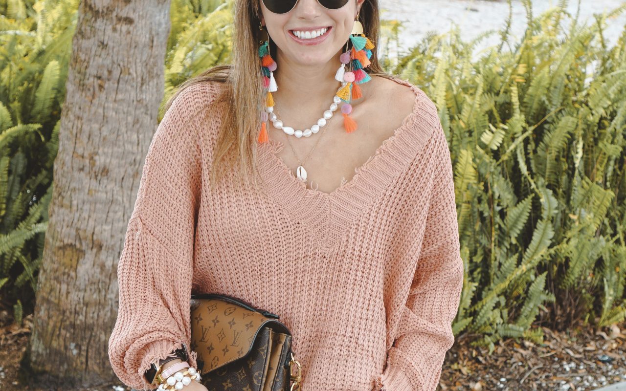 stella and ruby earrings with pink lily distressed sweater