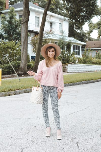 amazon pink waffle knit with frame leopard skinnies