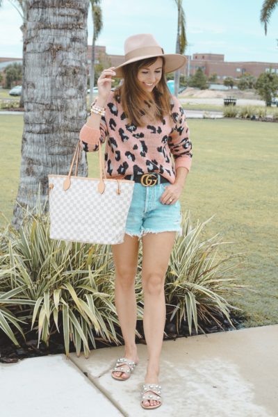 shein pink leopard sweater with agolde parker shorts