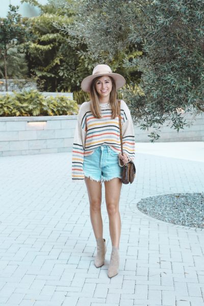 common thread stripe sweater with agolde shorts