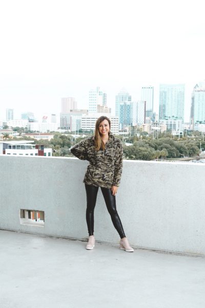express camo pullover with blush wedge sneakers