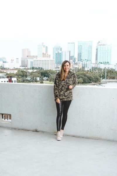 spanx faux leather leggings with express camo pullover