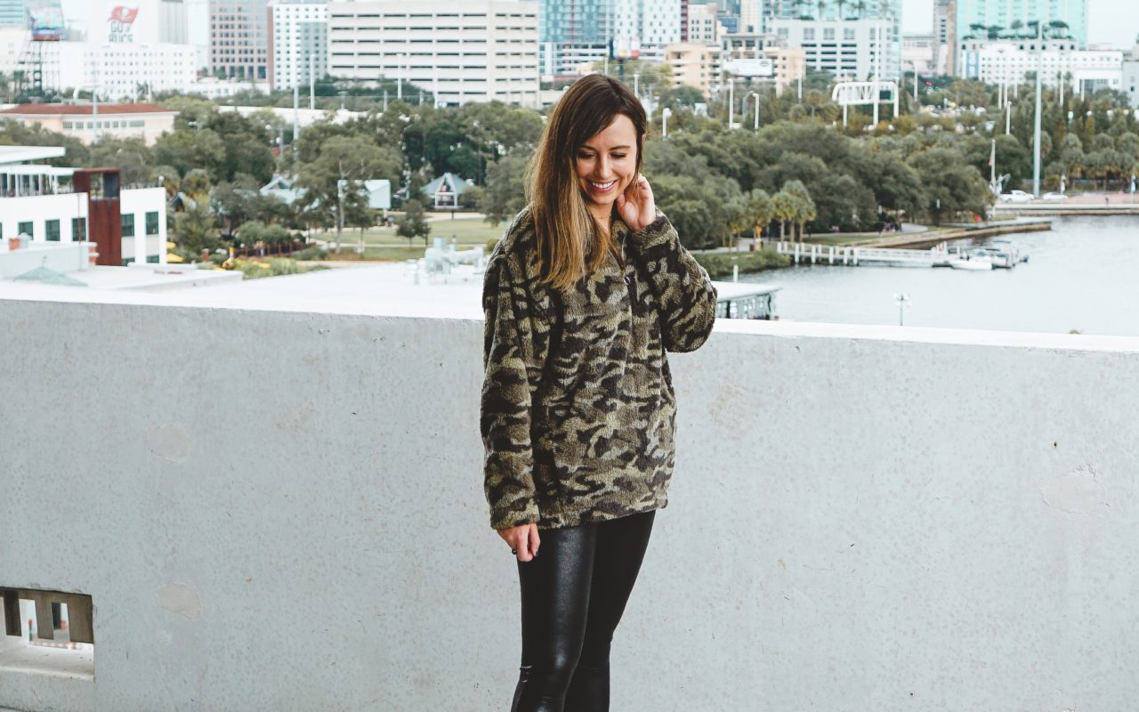 express camo pullover with spanx faux leather leggings