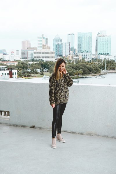 express camo pullover with spanx faux leather leggings