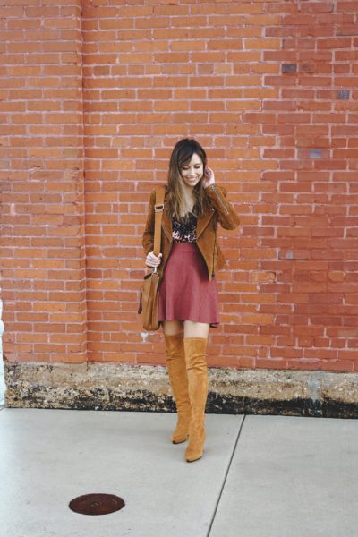 blanknyc suede jacket with chicwish rust skirt