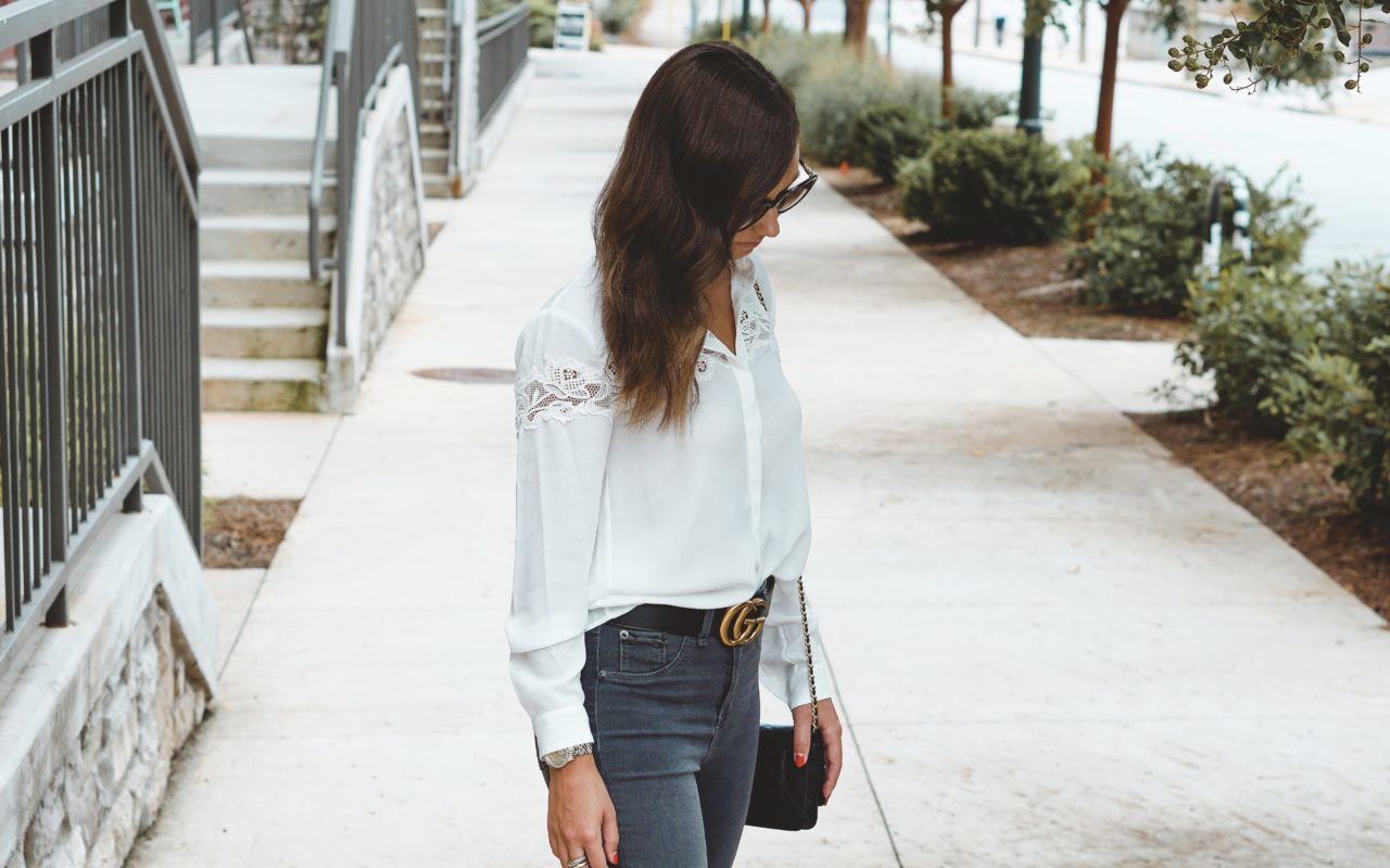 grey rag and bone denim with kooples white blouse