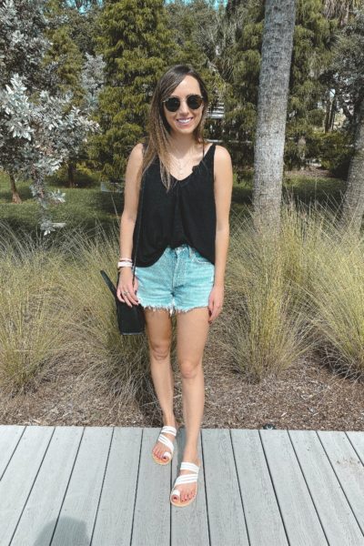 free people black tank with agolde parker shorts
