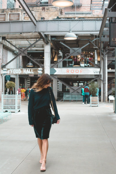 j crew velvet skirt with navy rag and bone sweater