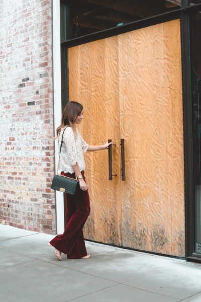 theory red velvet flares with joie white lace top