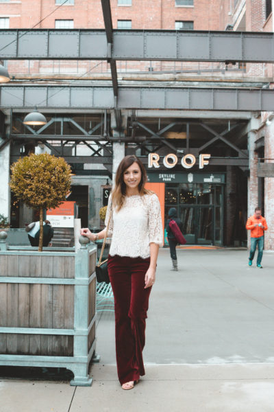 theory red velvet flares with joie lace top