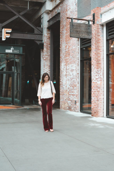 joie white lace top with theory red velvet flares