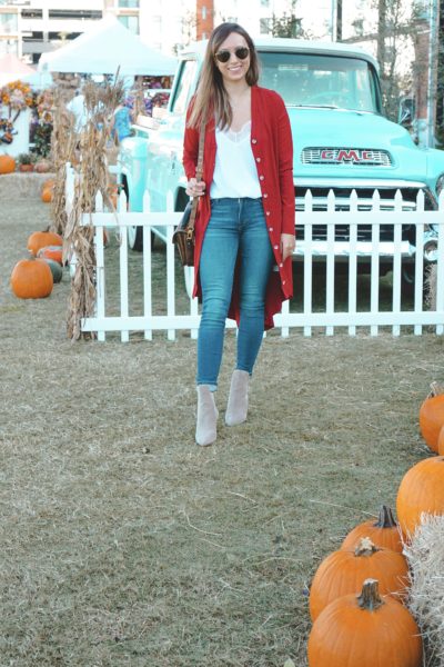amazon red cardigan with pumpkins